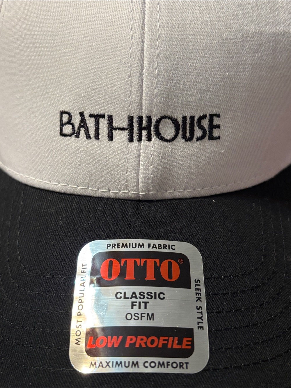OTTO White and Black 'BATHHOUSE' Embroidered Baseball Cap
